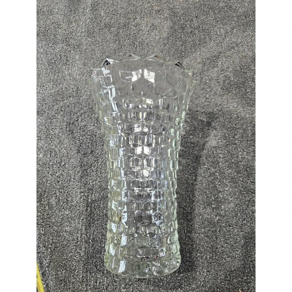 Fostoria American Cube Block Pattern Crystal Vase Scalloped Rim Starburst...